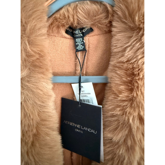 Women's Adrienne Landau Camel Faux Fur Collar Cardigan M - Picture 3 of 4